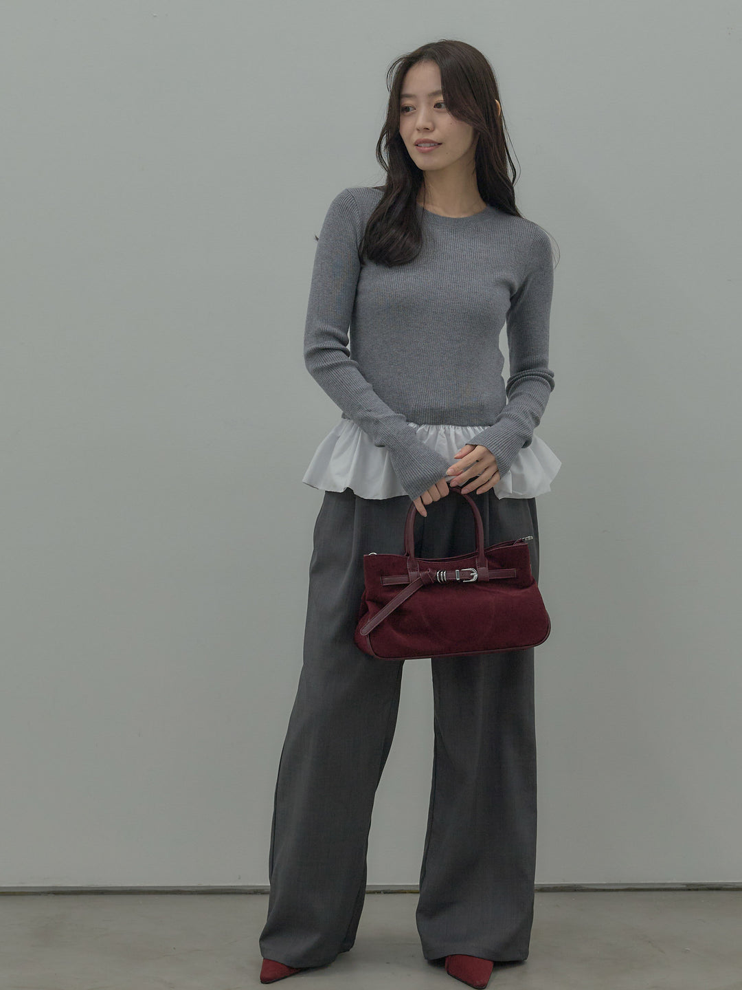 【SET】裾ドッキングデザインニットトップス+ タックワイドパンツ(2set)