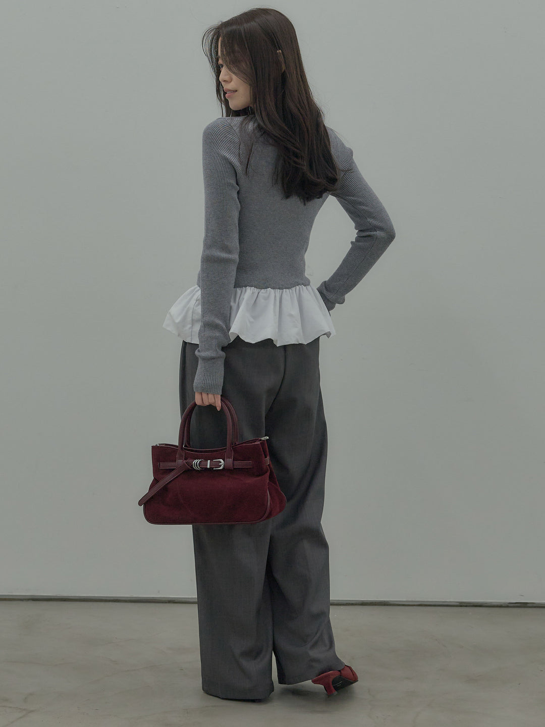 【SET】裾ドッキングデザインニットトップス+ タックワイドパンツ(2set)