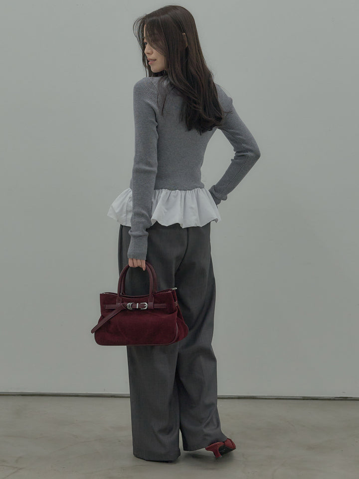 【SET】裾ドッキングデザインニットトップス+ タックワイドパンツ(2set)