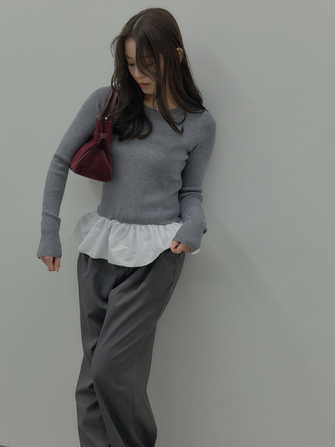 【SET】裾ドッキングデザインニットトップス+ タックワイドパンツ(2set)