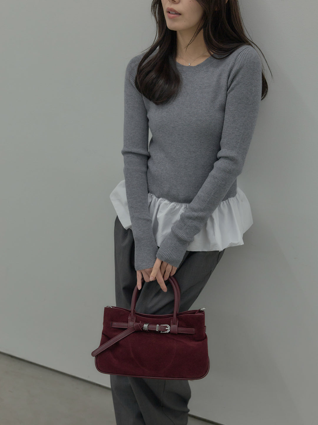 【SET】裾ドッキングデザインニットトップス+ タックワイドパンツ(2set)