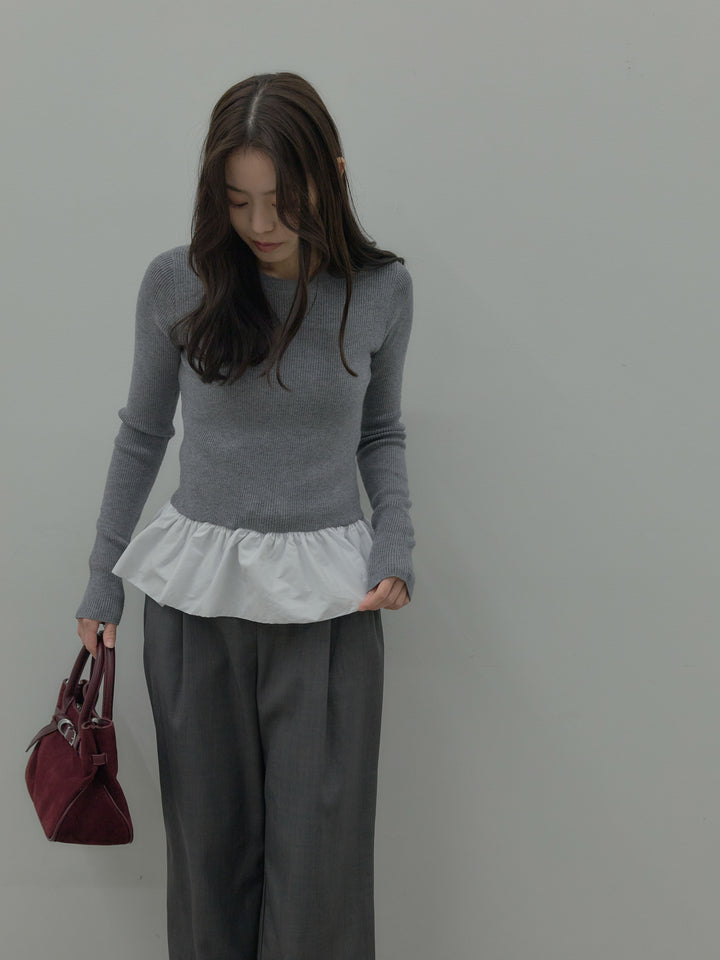 【SET】裾ドッキングデザインニットトップス+ タックワイドパンツ(2set)