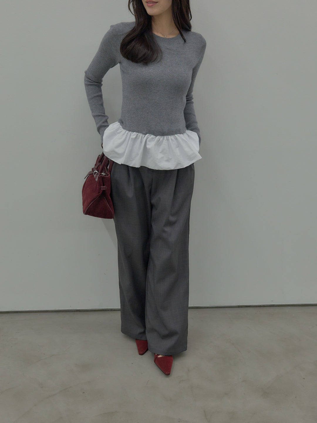 【SET】裾ドッキングデザインニットトップス+ タックワイドパンツ(2set)