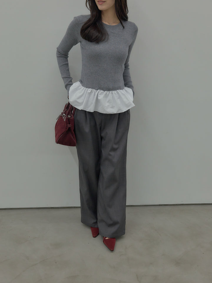 【SET】裾ドッキングデザインニットトップス+ タックワイドパンツ(2set)