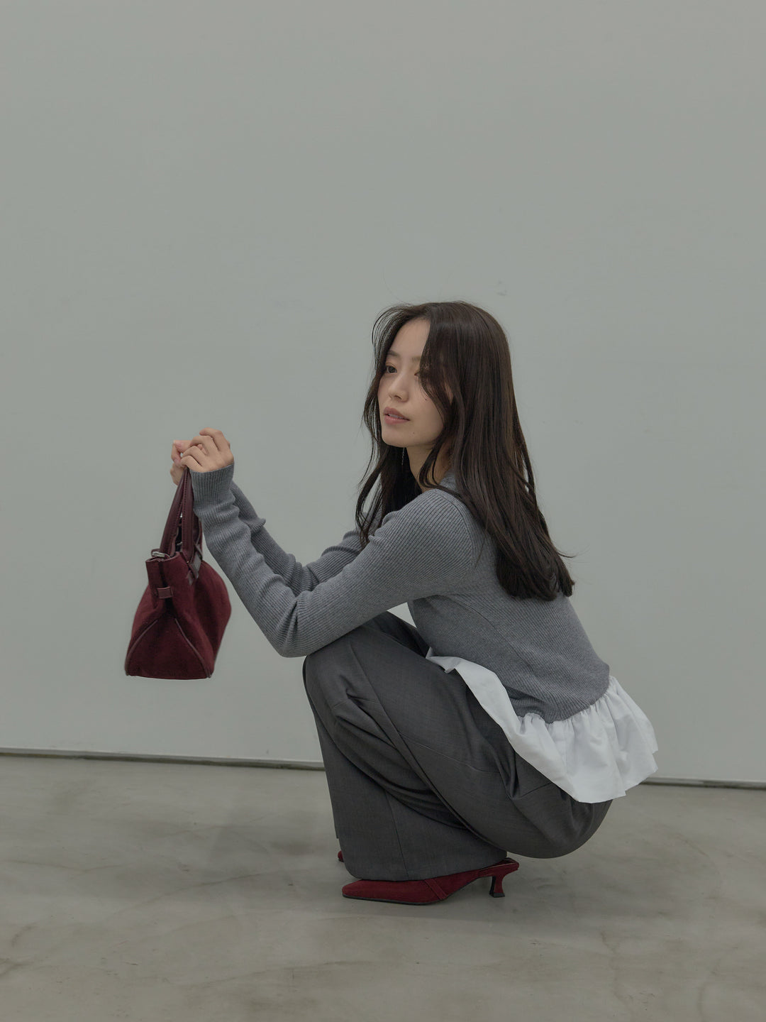 【SET】裾ドッキングデザインニットトップス+ タックワイドパンツ(2set)