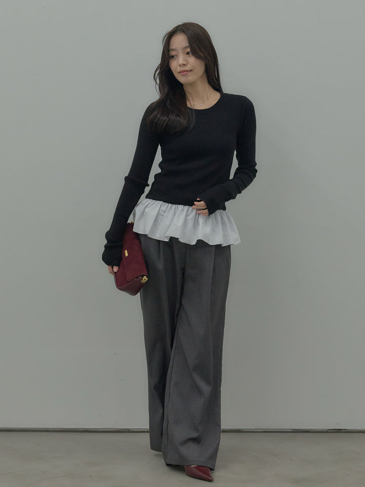 【SET】裾ドッキングデザインニットトップス+ タックワイドパンツ(2set)