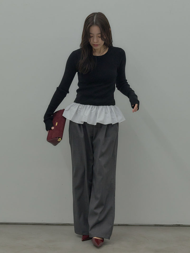 【SET】裾ドッキングデザインニットトップス+ タックワイドパンツ(2set)