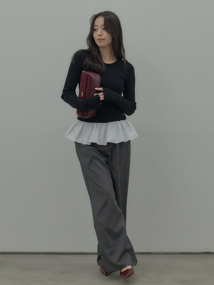 【SET】裾ドッキングデザインニットトップス+ タックワイドパンツ(2set)