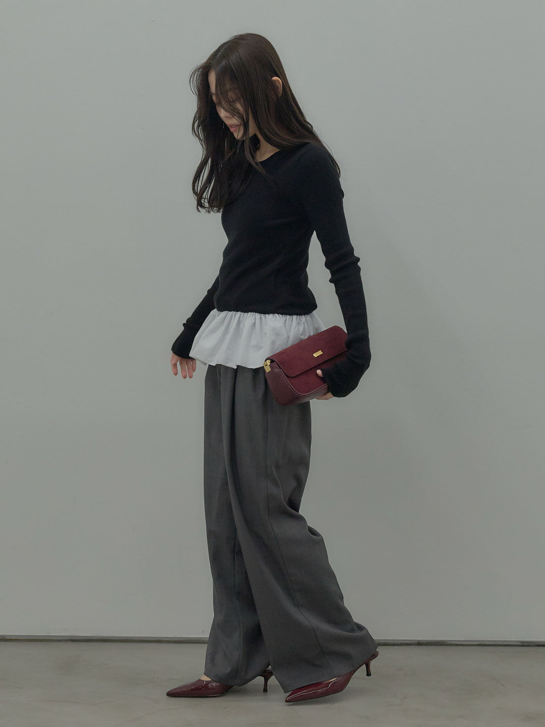 【SET】裾ドッキングデザインニットトップス+ タックワイドパンツ(2set)