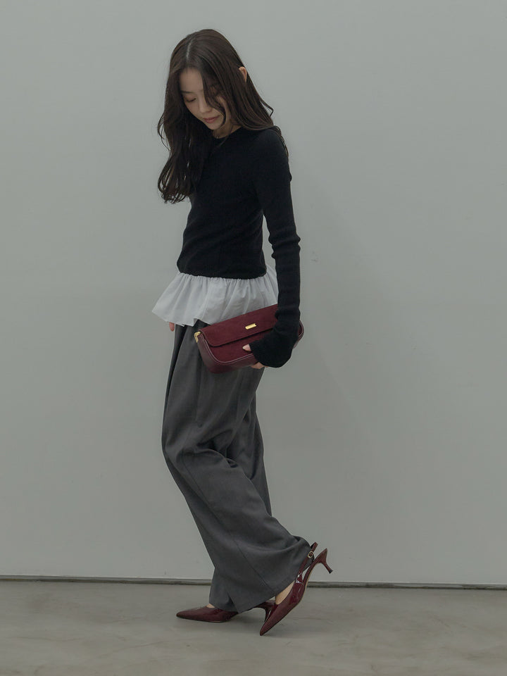 【SET】裾ドッキングデザインニットトップス+ タックワイドパンツ(2set)