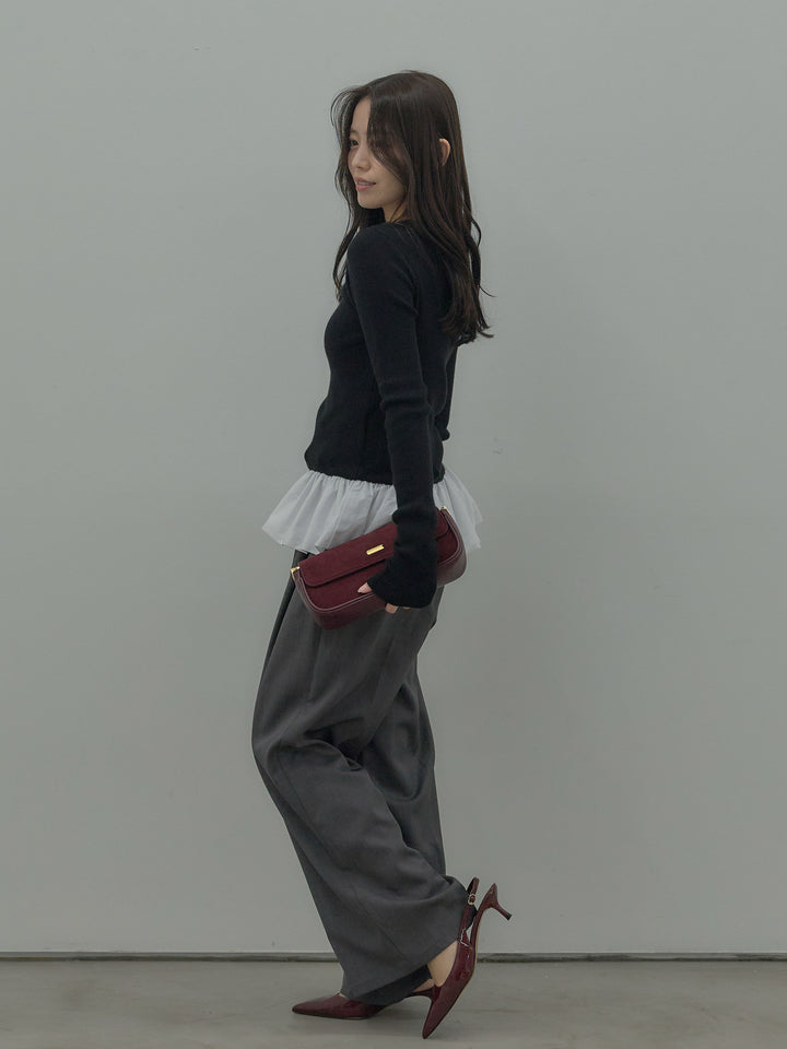 【SET】裾ドッキングデザインニットトップス+ タックワイドパンツ(2set)