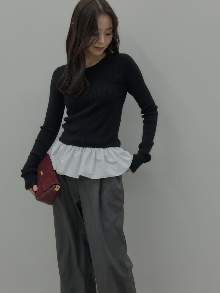 【SET】裾ドッキングデザインニットトップス+ タックワイドパンツ(2set)