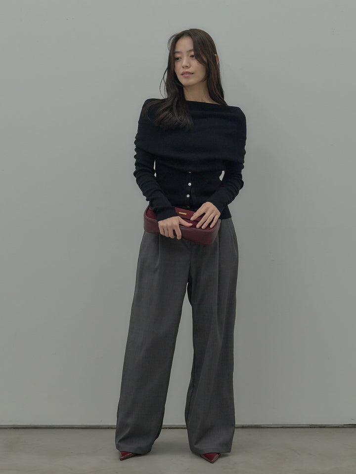 【SET】ドレープボタンデザインニットトップス+ タックワイドパンツ(2set)