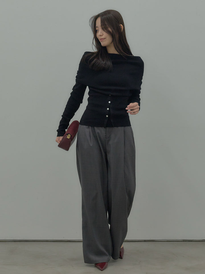 【SET】ドレープボタンデザインニットトップス+ タックワイドパンツ(2set)