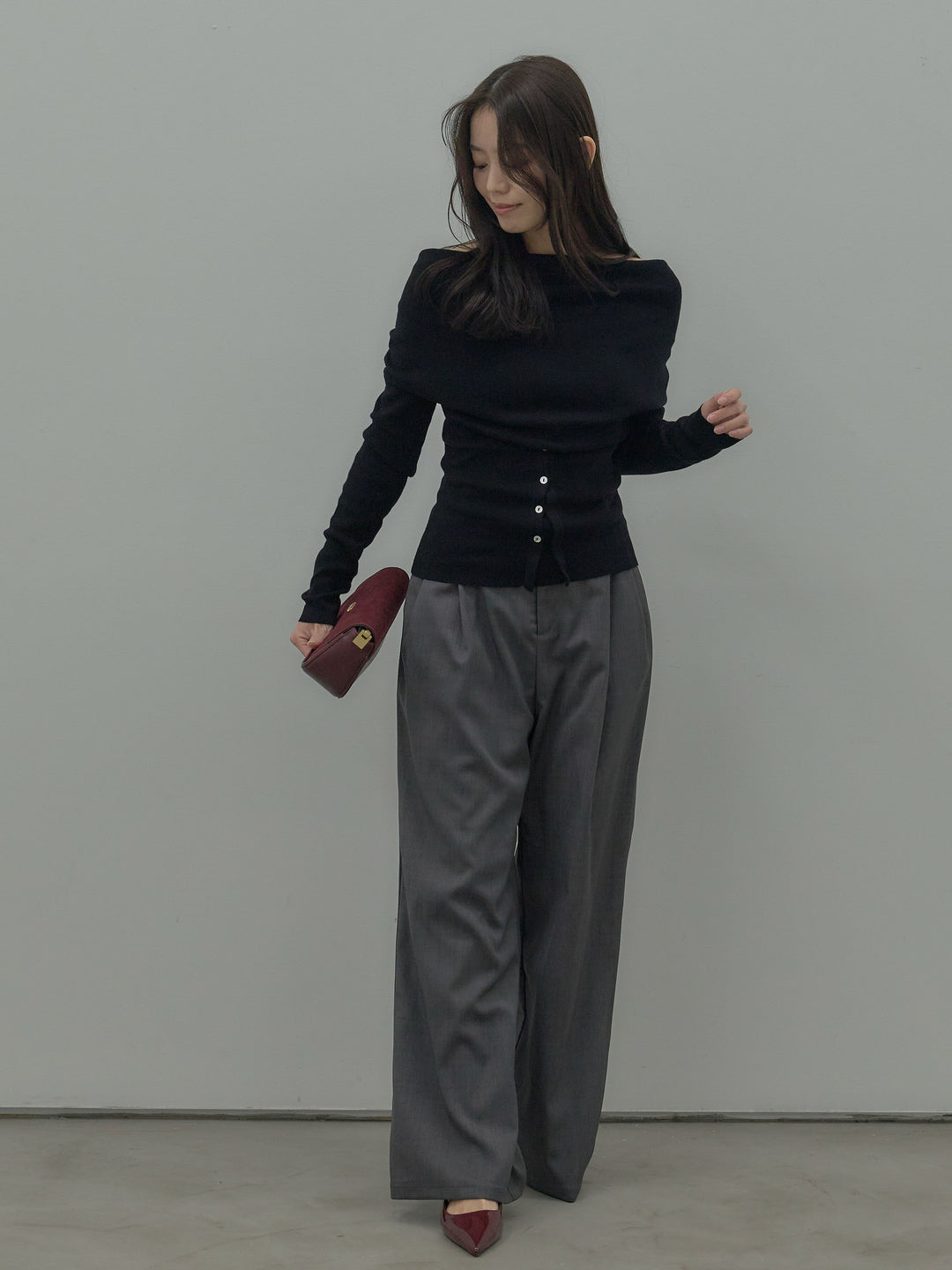 【SET】ドレープボタンデザインニットトップス+ タックワイドパンツ(2set)