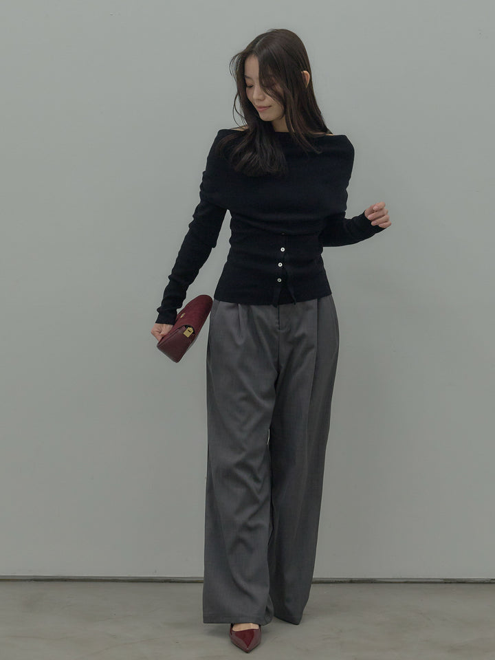 【SET】ドレープボタンデザインニットトップス+ タックワイドパンツ(2set)