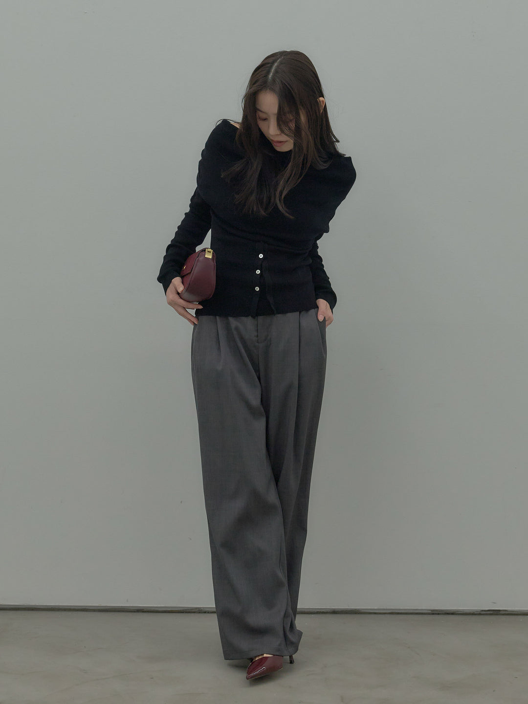 【SET】ドレープボタンデザインニットトップス+ タックワイドパンツ(2set)