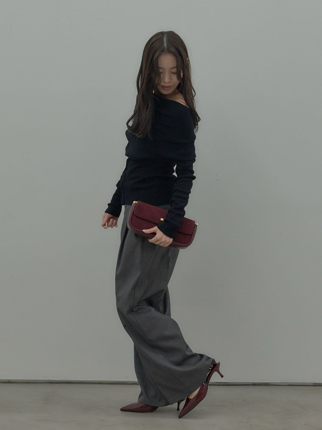 【SET】ドレープボタンデザインニットトップス+ タックワイドパンツ(2set)