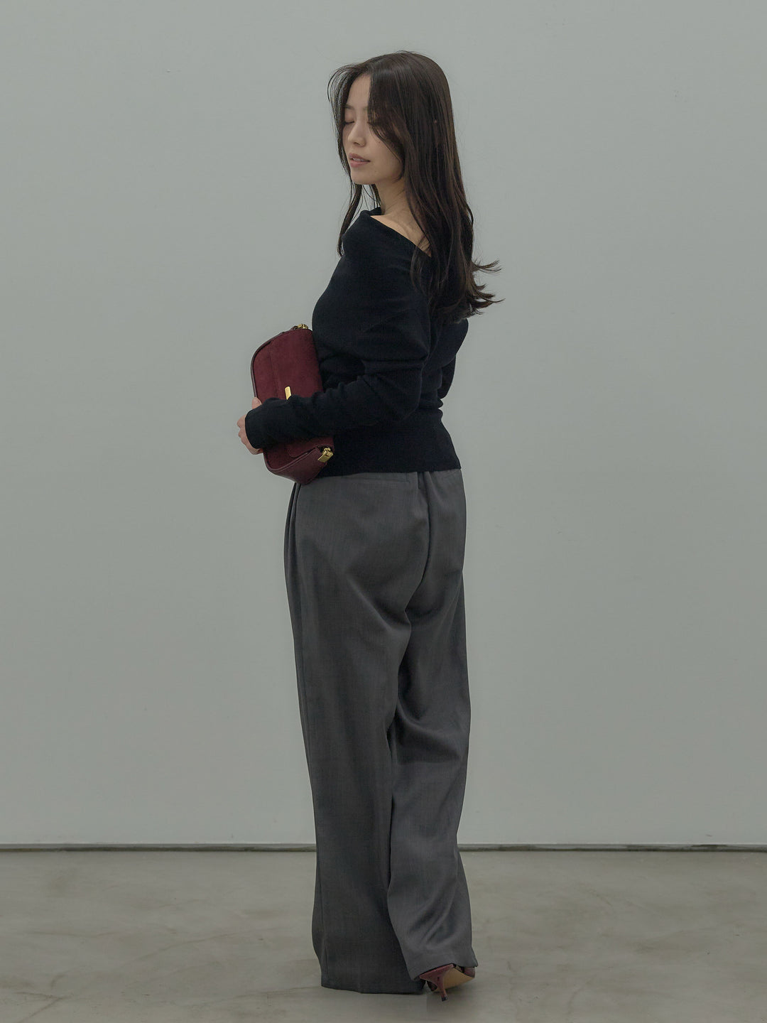 【SET】ドレープボタンデザインニットトップス+ タックワイドパンツ(2set)