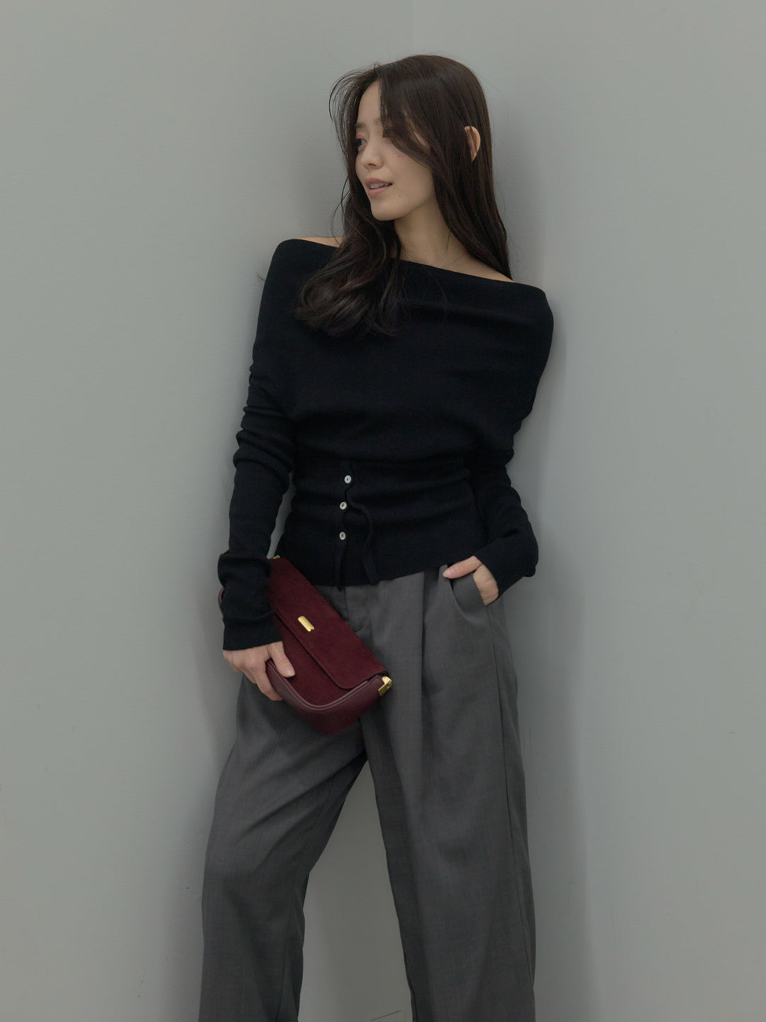 【SET】ドレープボタンデザインニットトップス+ タックワイドパンツ(2set)