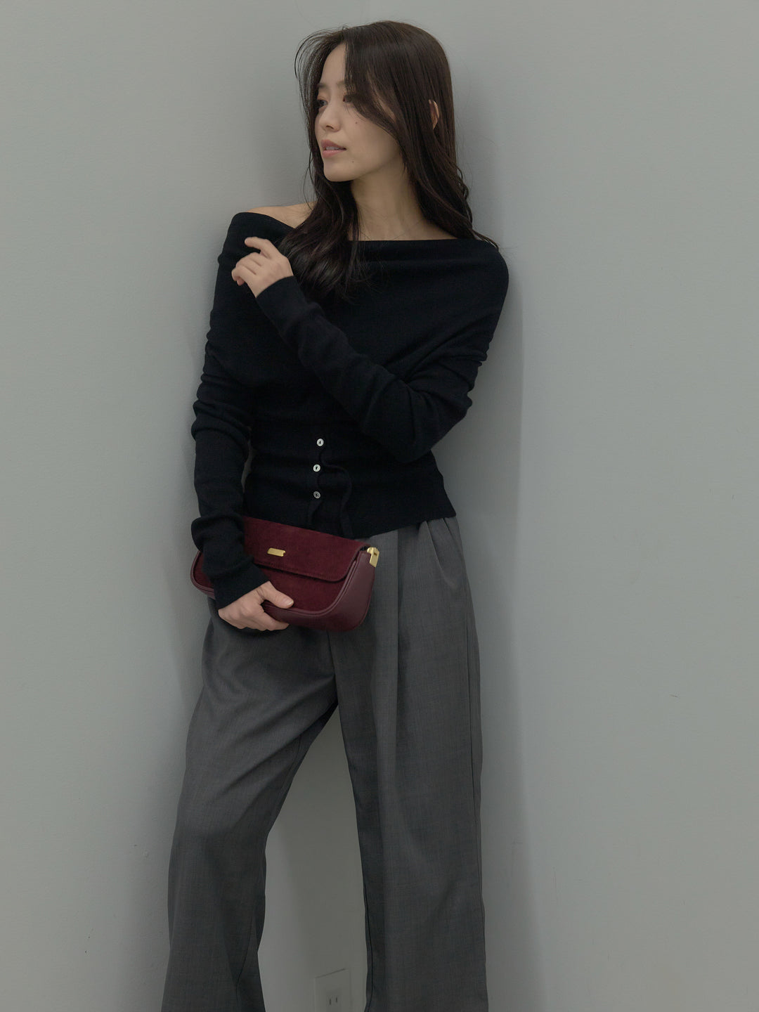 【SET】ドレープボタンデザインニットトップス+ タックワイドパンツ(2set)