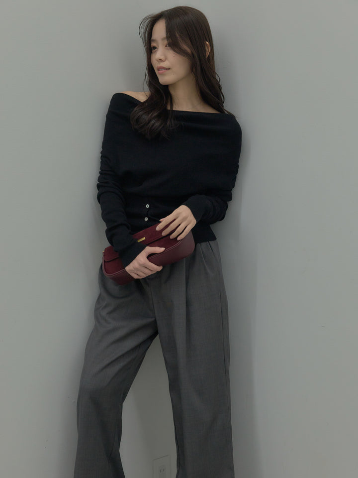 【SET】ドレープボタンデザインニットトップス+ タックワイドパンツ(2set)