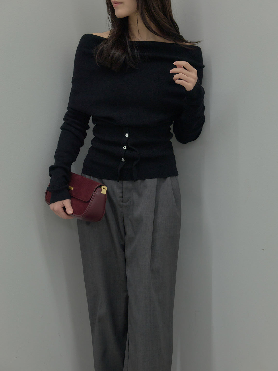 【SET】ドレープボタンデザインニットトップス+ タックワイドパンツ(2set)