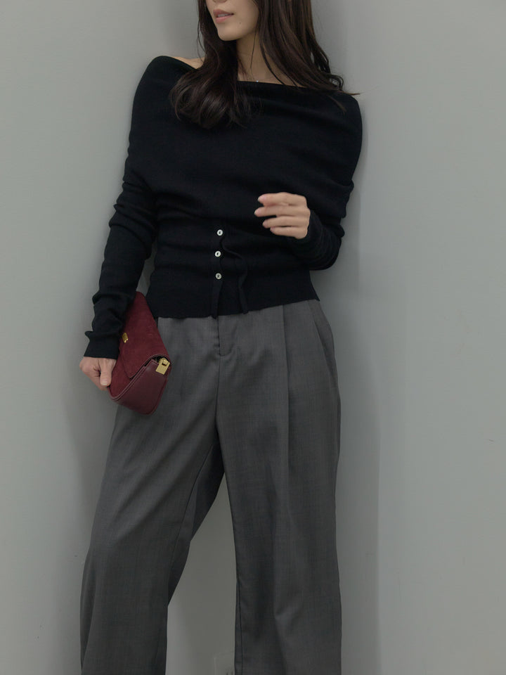 【SET】ドレープボタンデザインニットトップス+ タックワイドパンツ(2set)