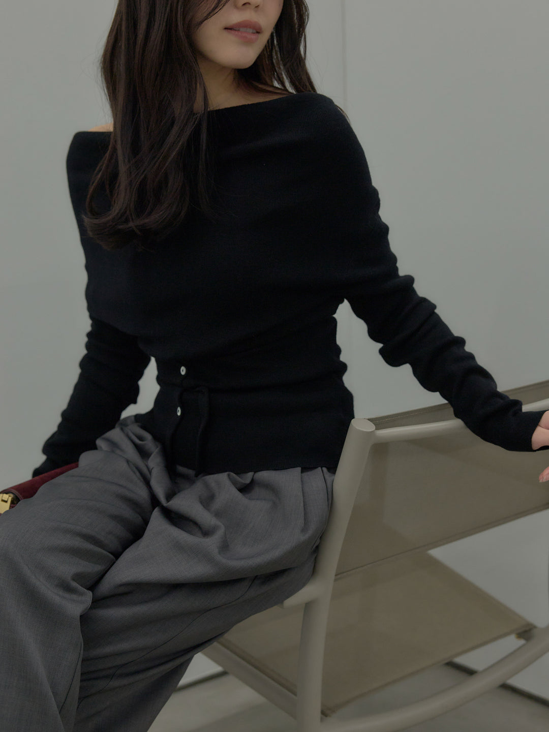 【SET】ドレープボタンデザインニットトップス+ タックワイドパンツ(2set)