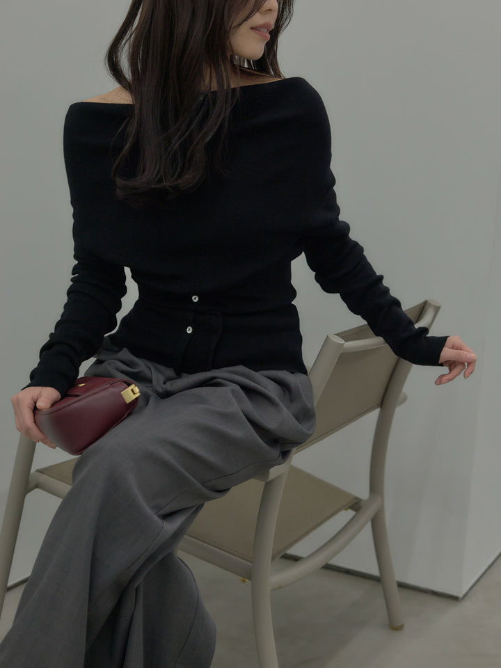 【SET】ドレープボタンデザインニットトップス+ タックワイドパンツ(2set)