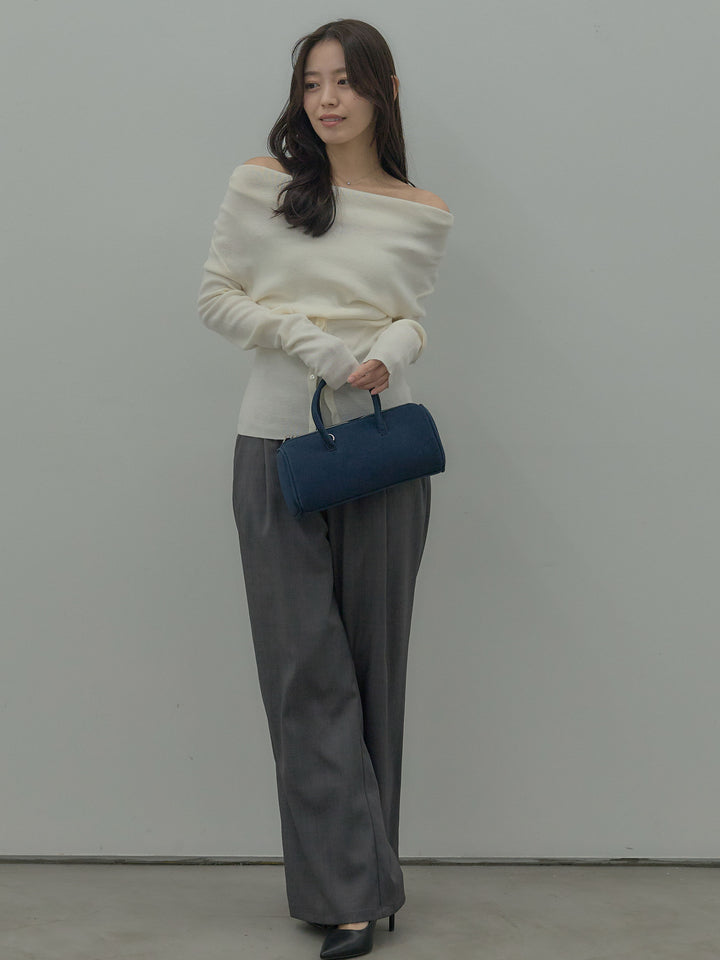 【SET】ドレープボタンデザインニットトップス+ タックワイドパンツ(2set)