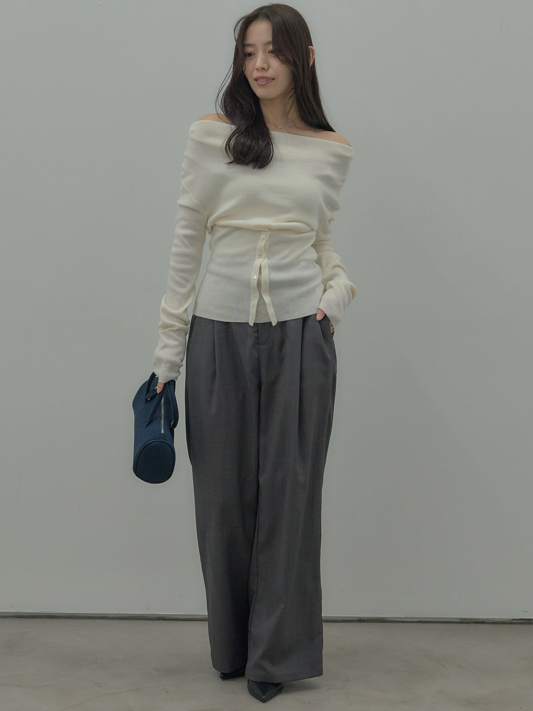 【SET】ドレープボタンデザインニットトップス+ タックワイドパンツ(2set)