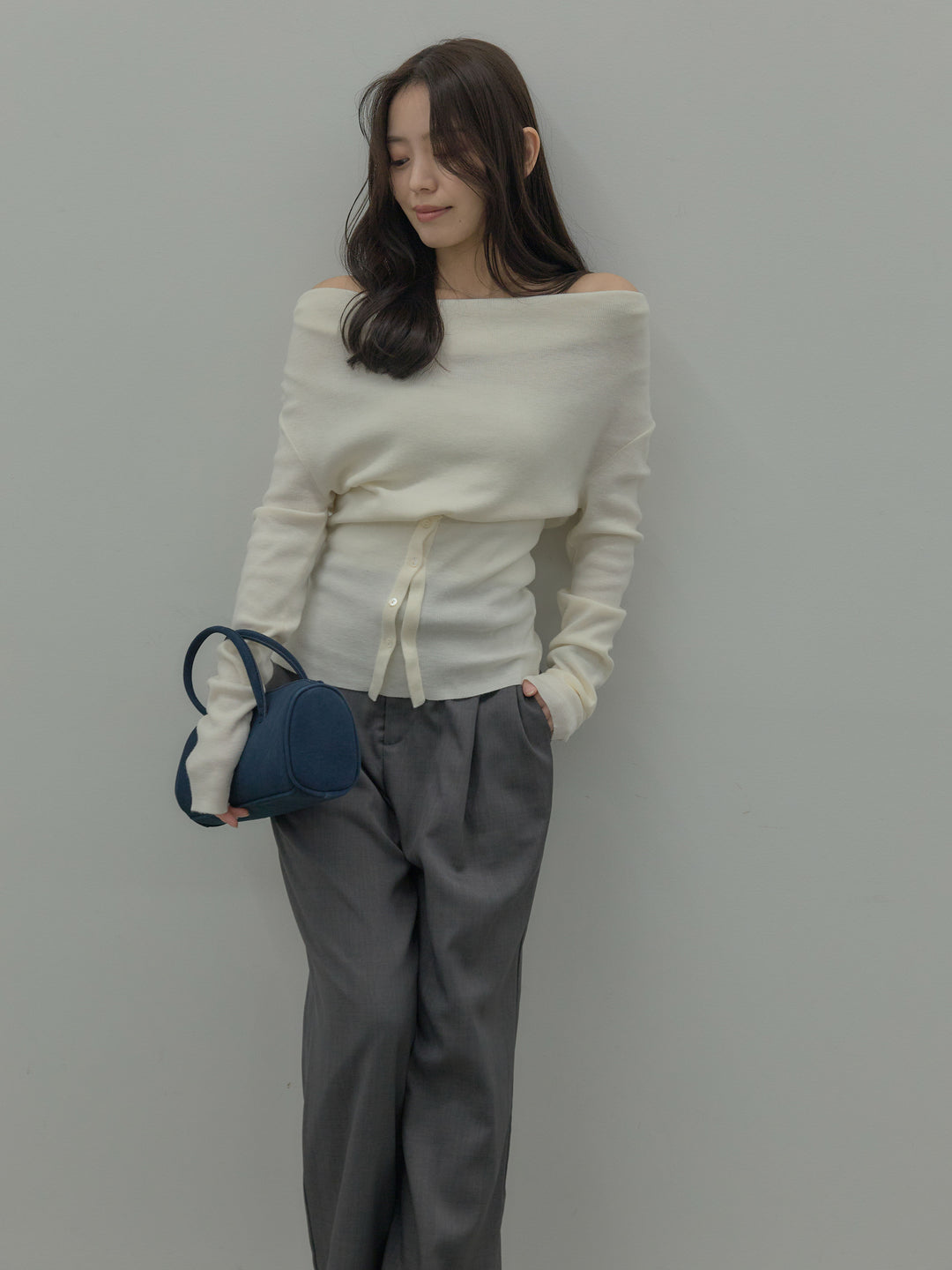 【SET】ドレープボタンデザインニットトップス+ タックワイドパンツ(2set)