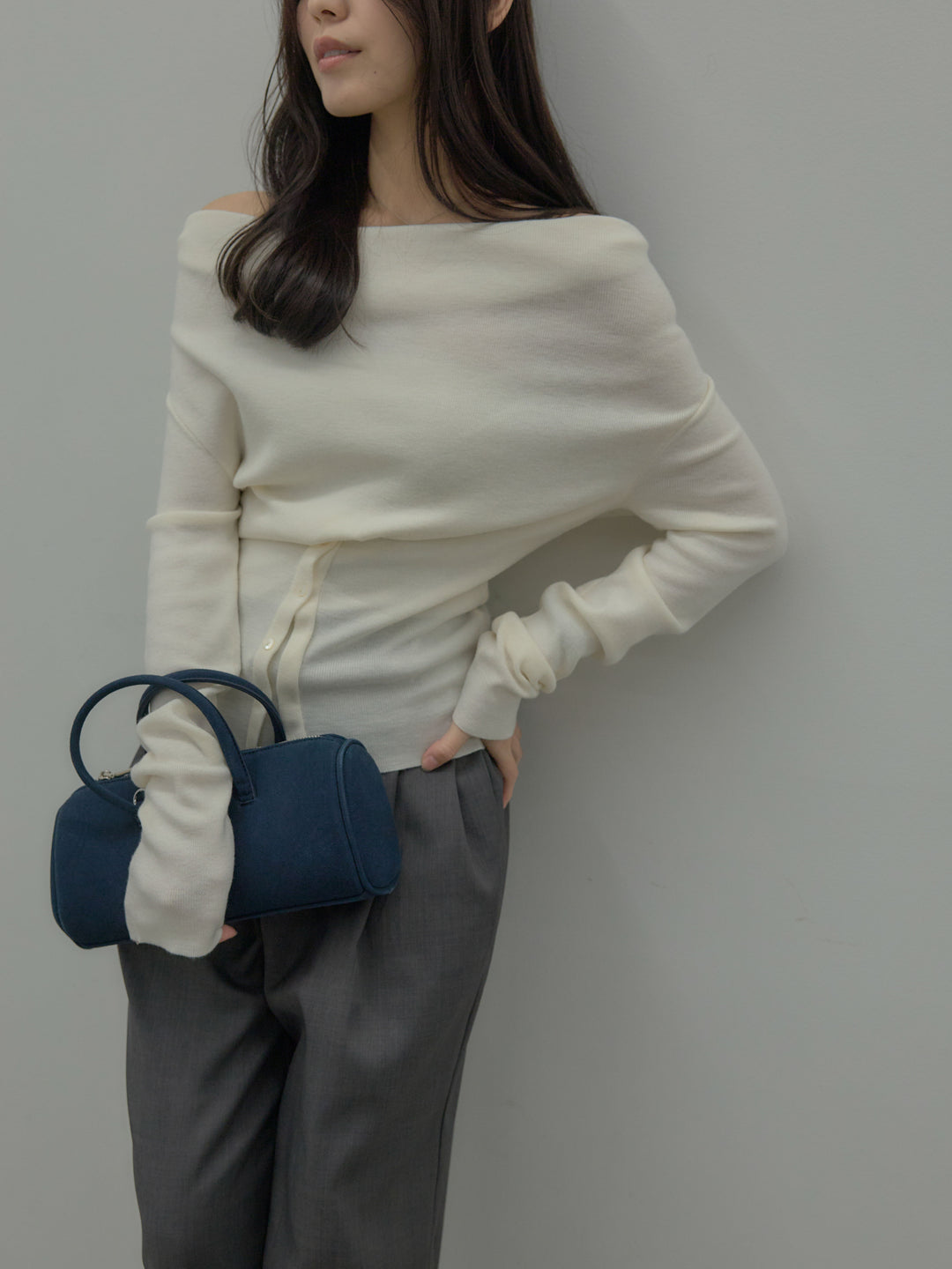 【SET】ドレープボタンデザインニットトップス+ タックワイドパンツ(2set)