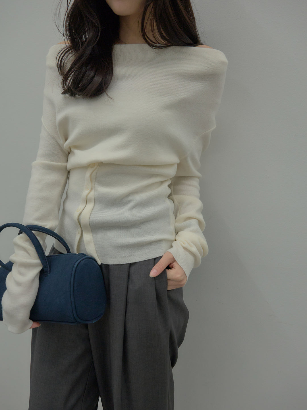 【SET】ドレープボタンデザインニットトップス+ タックワイドパンツ(2set)