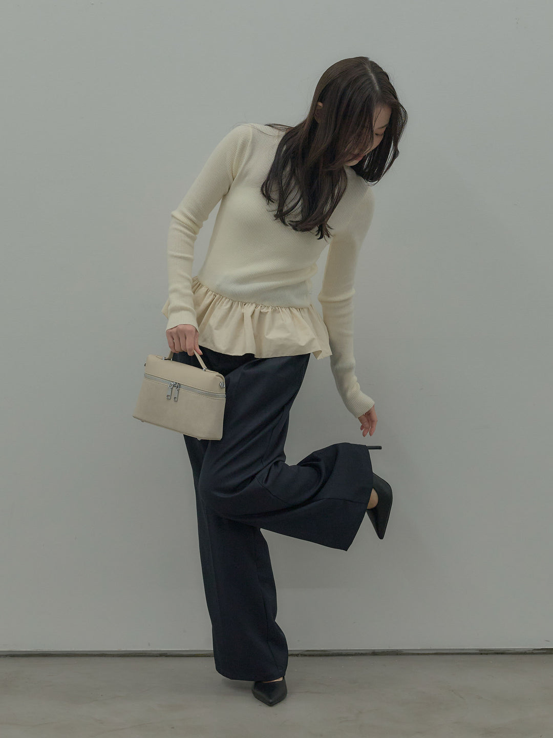 【SET】裾ドッキングデザインニットトップス+ タックワイドパンツ(2set)