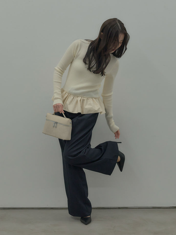 【SET】裾ドッキングデザインニットトップス+ タックワイドパンツ(2set)