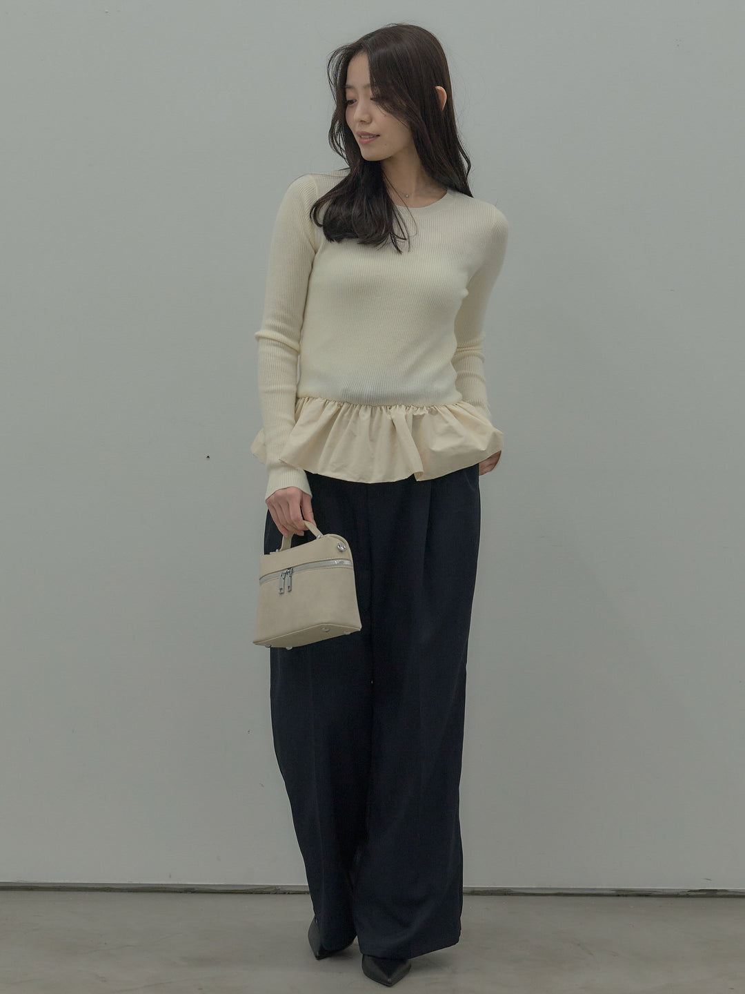 【SET】裾ドッキングデザインニットトップス+ タックワイドパンツ(2set)