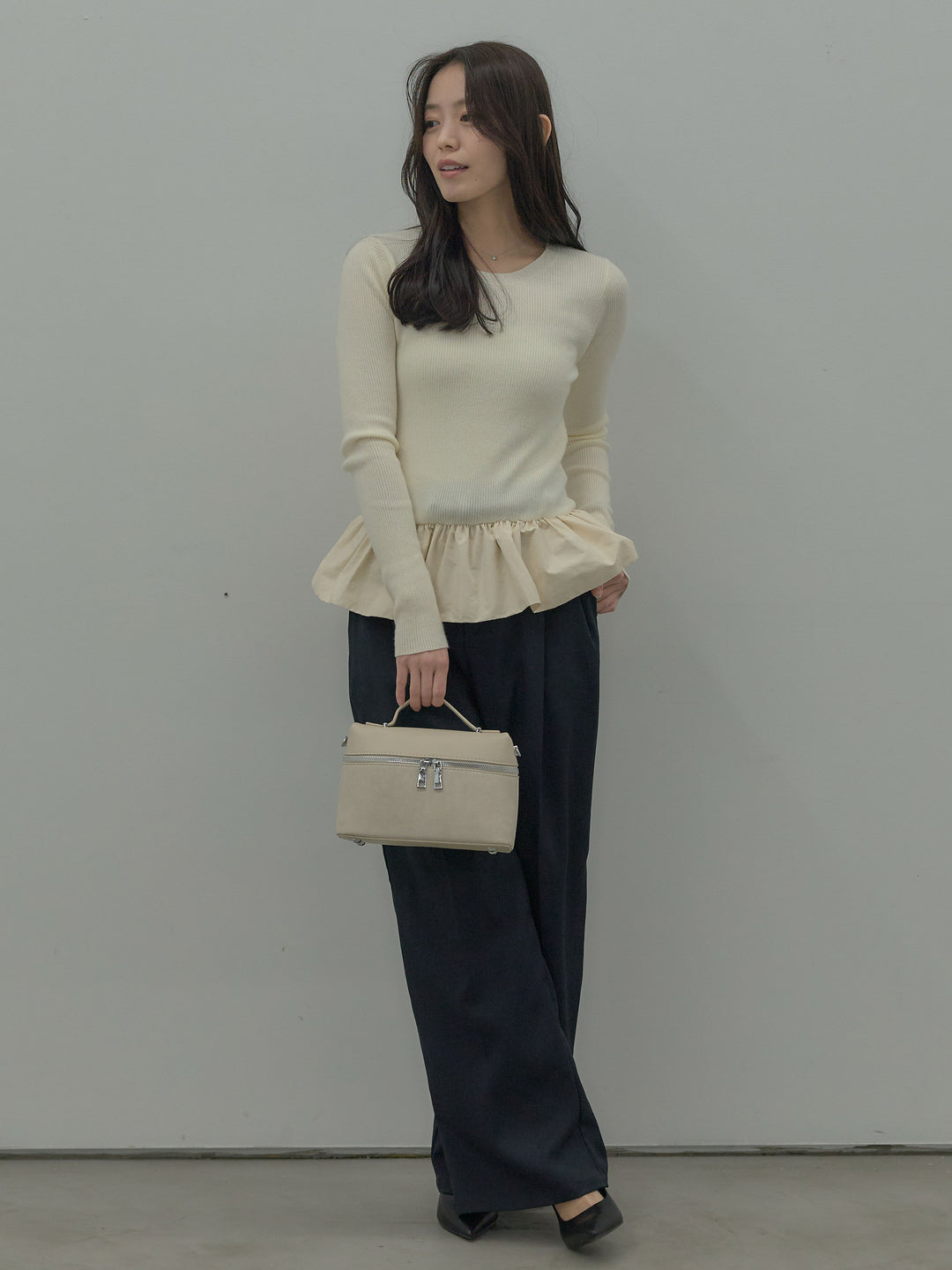 【SET】裾ドッキングデザインニットトップス+ タックワイドパンツ(2set)