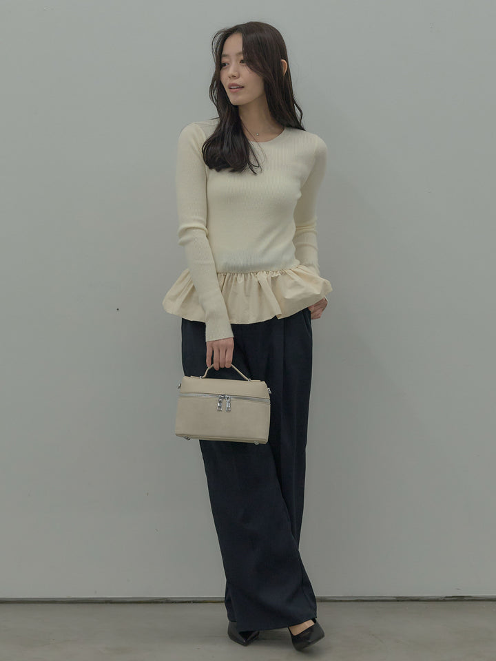 【SET】裾ドッキングデザインニットトップス+ タックワイドパンツ(2set)