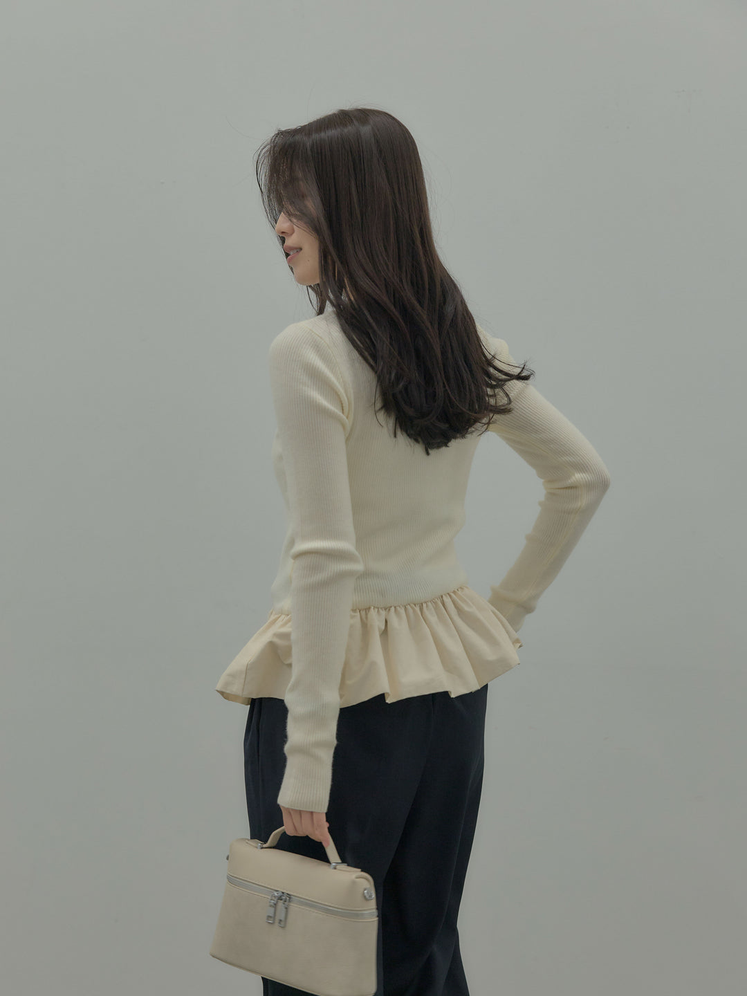 【SET】裾ドッキングデザインニットトップス+ タックワイドパンツ(2set)