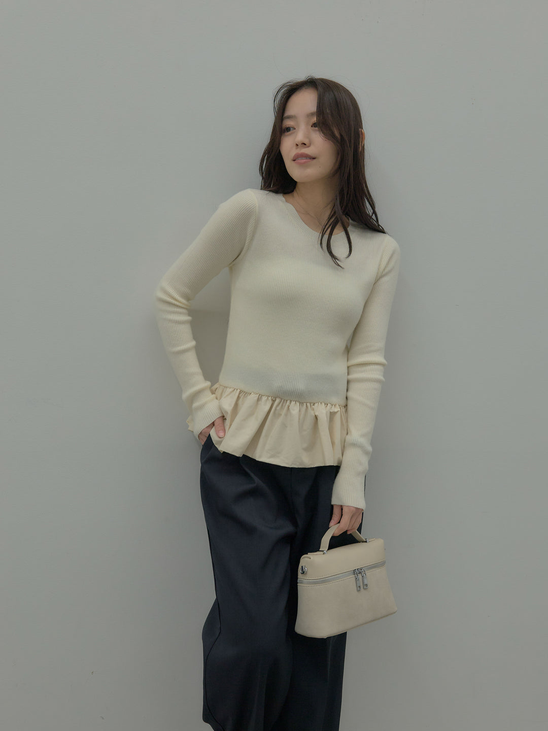 【SET】裾ドッキングデザインニットトップス+ タックワイドパンツ(2set)