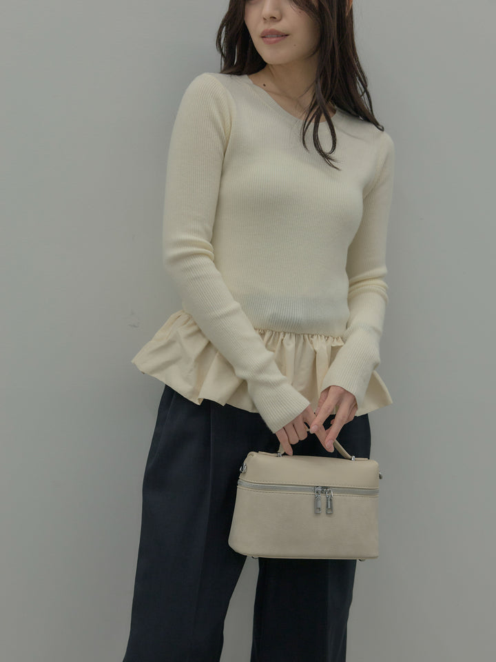 【SET】裾ドッキングデザインニットトップス+ タックワイドパンツ(2set)