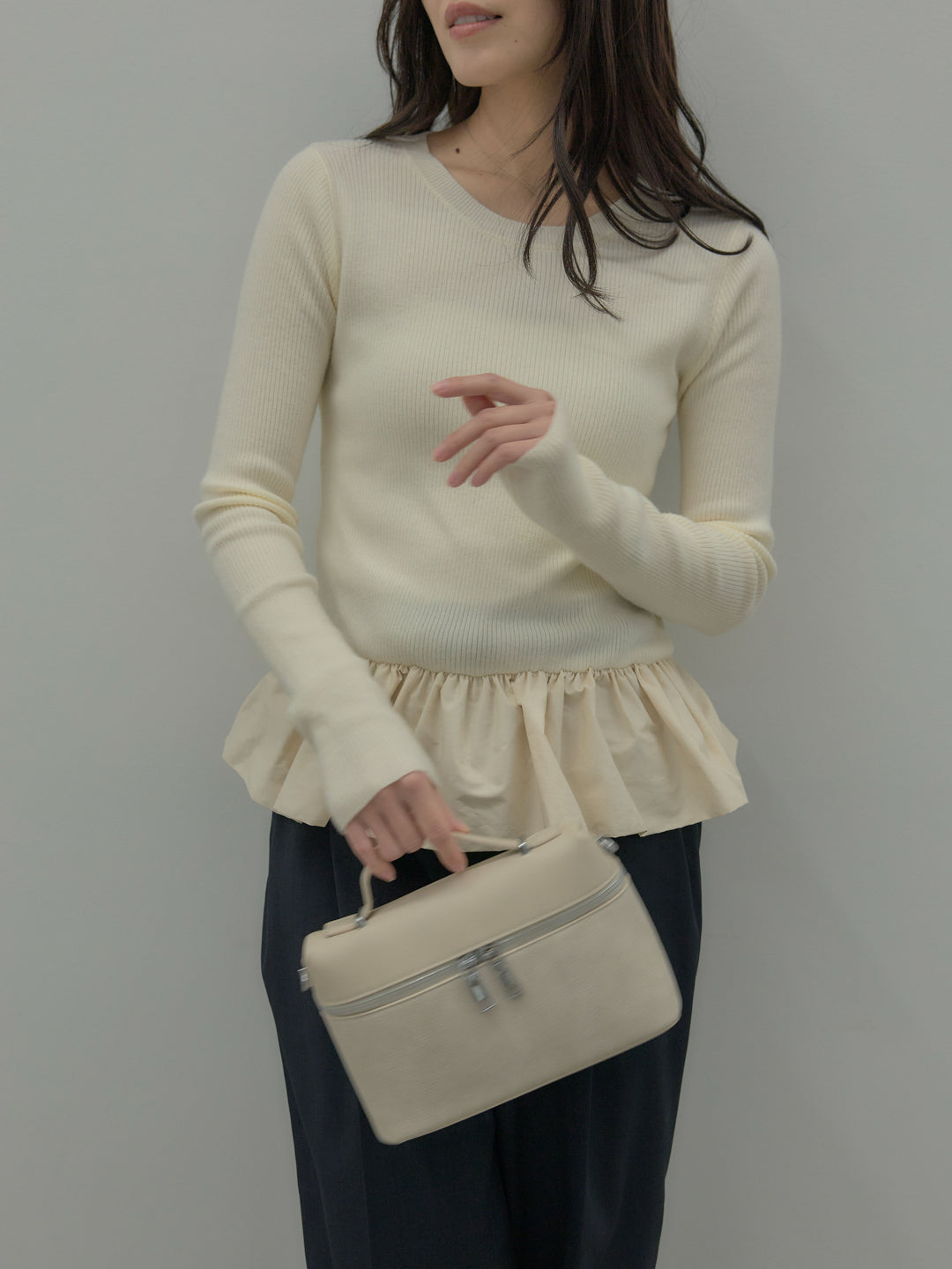 【SET】裾ドッキングデザインニットトップス+ タックワイドパンツ(2set)