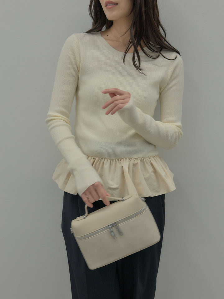 【SET】裾ドッキングデザインニットトップス+ タックワイドパンツ(2set)