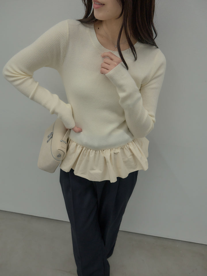 【SET】裾ドッキングデザインニットトップス+ タックワイドパンツ(2set)