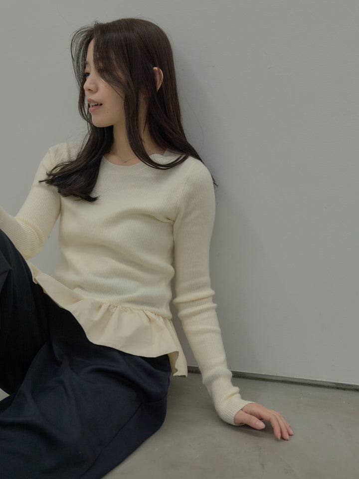 【SET】裾ドッキングデザインニットトップス+ タックワイドパンツ(2set)