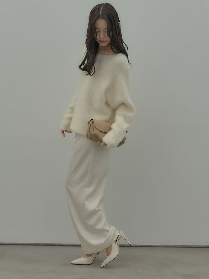 【SET】ラウンドネックシャギーニットトップス+【Essential】センタープレスサテンパンツ(2set)