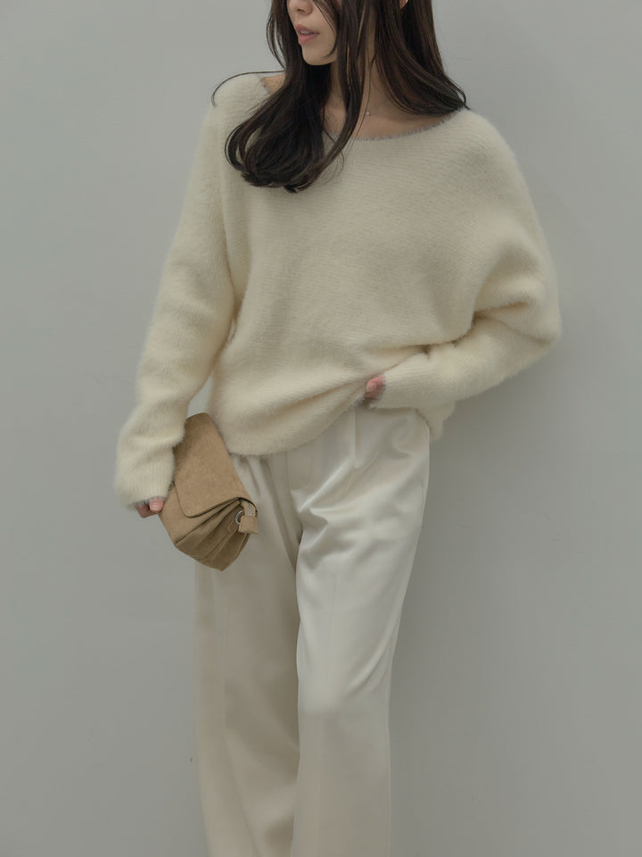 【SET】ラウンドネックシャギーニットトップス+【Essential】センタープレスサテンパンツ(2set)