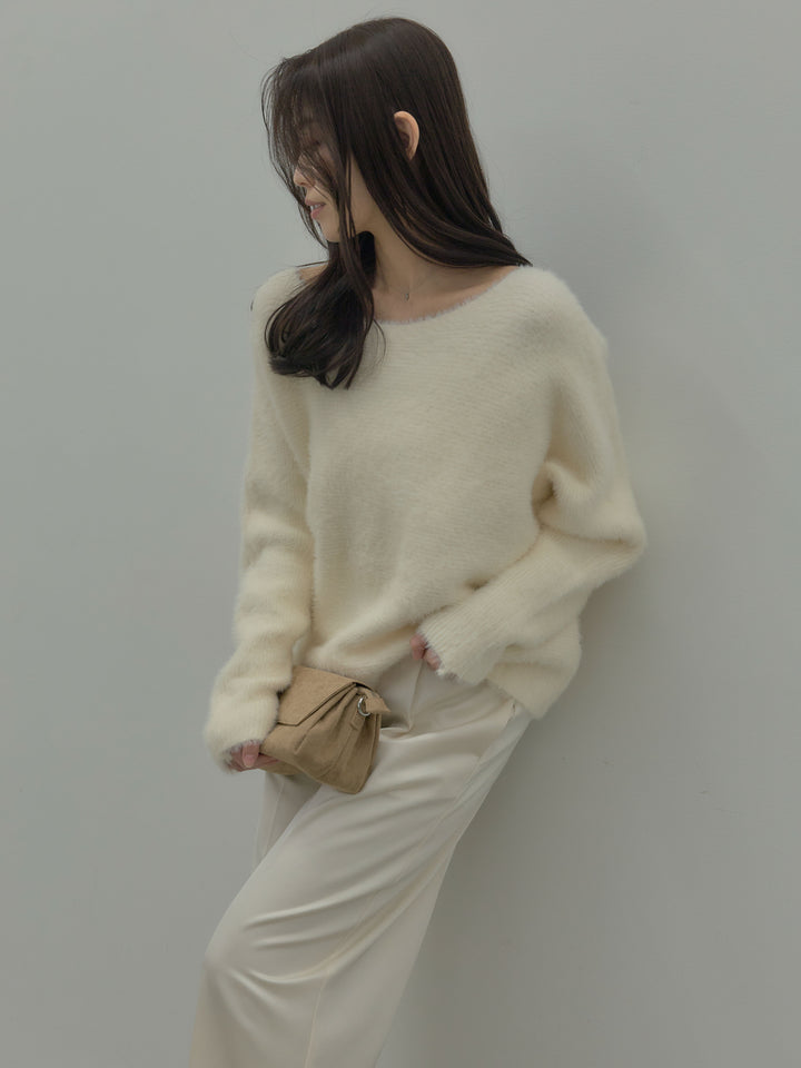 ラウンドネックシャギーニットトップス